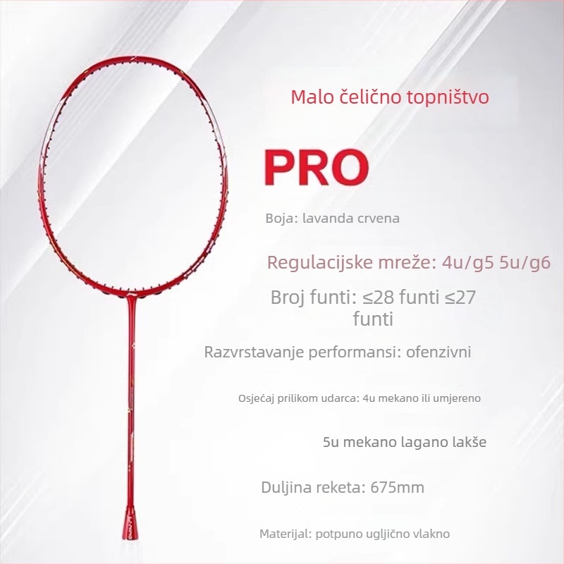 Li-Ning badminton reketa – okvir od karbonskih vlakana, težina 80–84 g, drška G5, tip reketa: pravolinijski, pogodna za amatere i srednje napredne, za badminton i stolni tenis