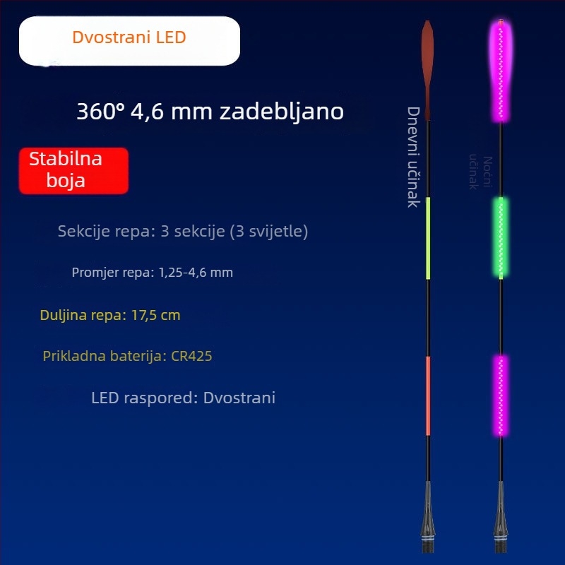 LED svjetleći plovak za dugačka bacanja, debeli i izražajni dizajn, mijenja boju pri ugrizu, široko stražnje krilo