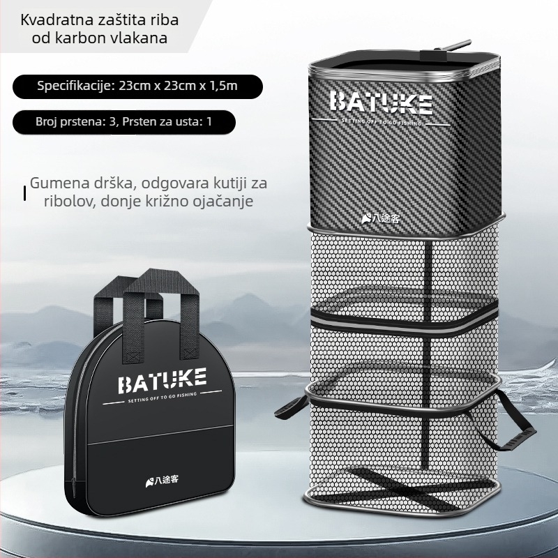 Ribolovna mrežasta torba s nano zaštitom, četverokutni uzorak karbonskog uzorka, brzo sušenje, materijal: svila