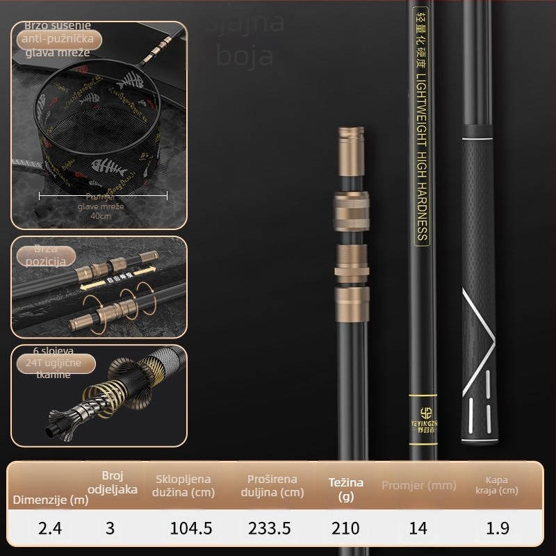 Karbonski teleskopski mrežni štap set – ultra lagan, čvrst, mreža s finim okom, sklopiv, nosivost 100 kg