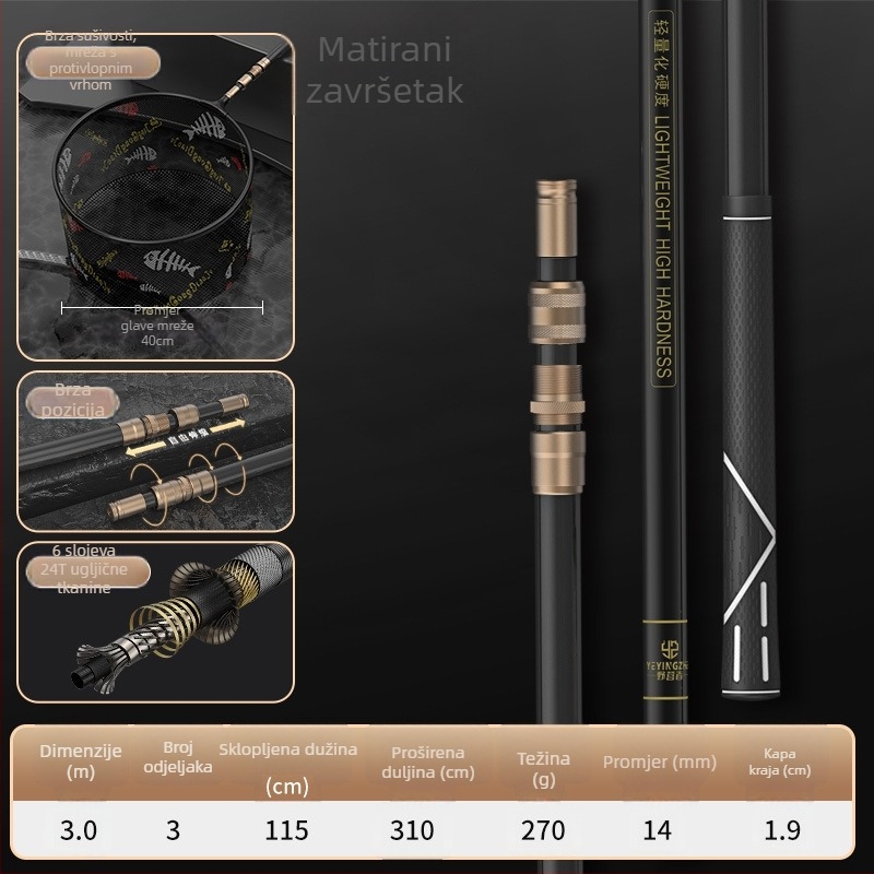Karbonski teleskopski mrežni štap set – ultra lagan, čvrst, mreža s finim okom, sklopiv, nosivost 100 kg
