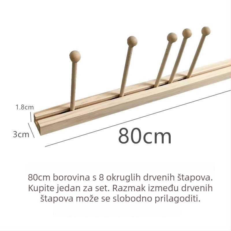 Zidni izložbeni stalak s kliznim drvenim štapovima za prikaz futrola za telefone, čarape i nakit – proljeće 2025