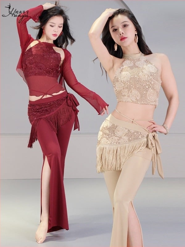 Set kostima za belly dance s 3D cvijetom od paet, kristalna pamuk i mreža, glavni materijal spandeks, ljeto 2023, za žene 25–29
