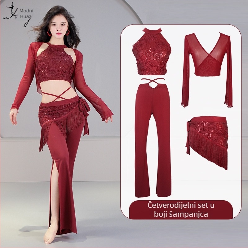Set kostima za belly dance s 3D cvijetom od paet, kristalna pamuk i mreža, glavni materijal spandeks, ljeto 2023, za žene 25–29