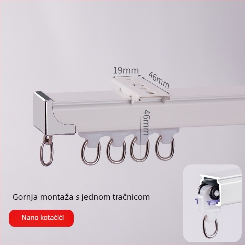 Aluminijski tračnik za zavjese, tih rad, gornja ili bočna ugradnja, jednostruki i dvostruki klizni, ravna tračnica