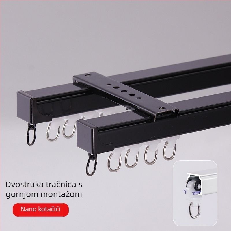 Aluminijski tračnik za zavjese, tih rad, gornja ili bočna ugradnja, jednostruki i dvostruki klizni, ravna tračnica