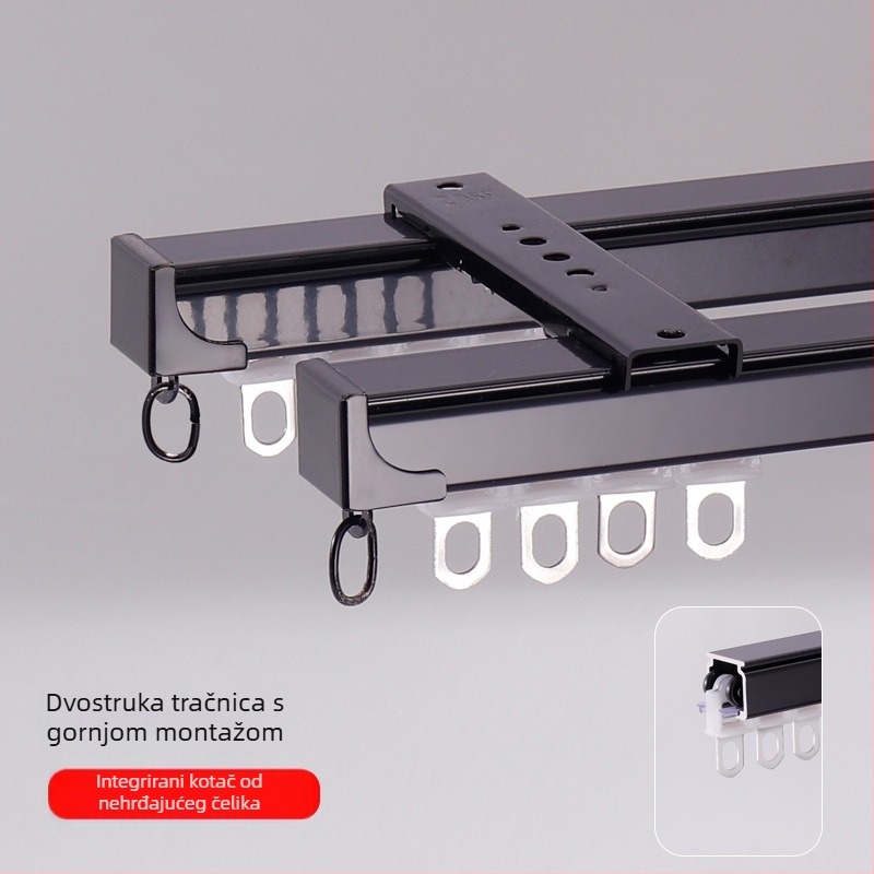Aluminijski tračnik za zavjese, tih rad, gornja ili bočna ugradnja, jednostruki i dvostruki klizni, ravna tračnica