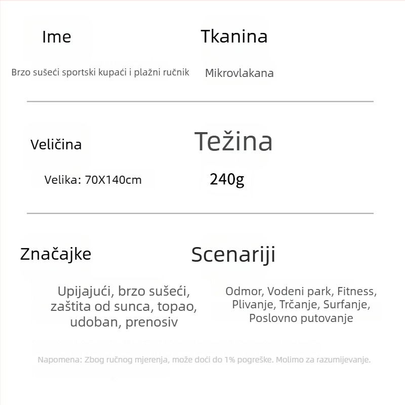 Plažni ručnik, mikrovlakana, otisnuta, prilagodljiva (200–300 g; 288d vlakna)