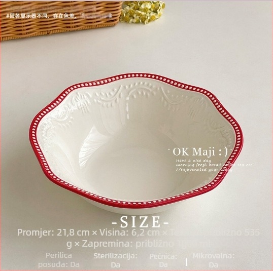 Porcelanski desertni tanjur, plitkog oblika, kružnog oblika, s podglazurnim završnim premazom, pogodan za mikrovalnu