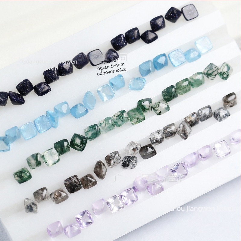 Granat, plavi mjesečev kamen, ružičasti turmalin i žuti kristal u Sugar-Tower prsten glavi, 4×4 mm, srebro S925 sa ugrađenim kamenjem