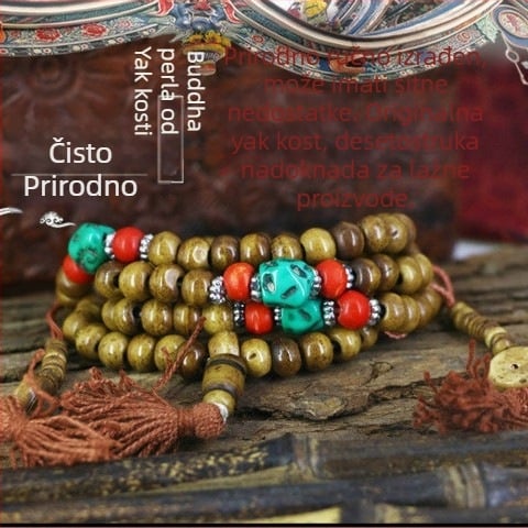 Narukvica s budističkim perlama od prirodne kravlje kosti, 108 perli, nepalski etnički stil, za muškarce i žene