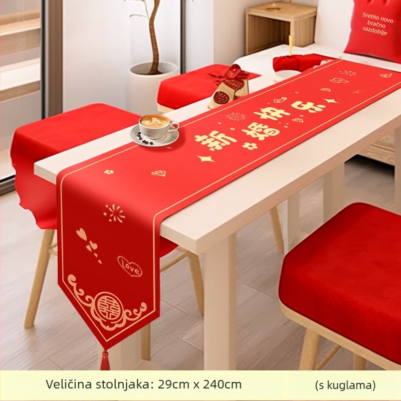 Crveni svadbeni stolnjak i traka za stol (Materijal: tekstil; Pakiranje: Opp bag; Marka: Cloth language; Vjenčanje; Poklon)