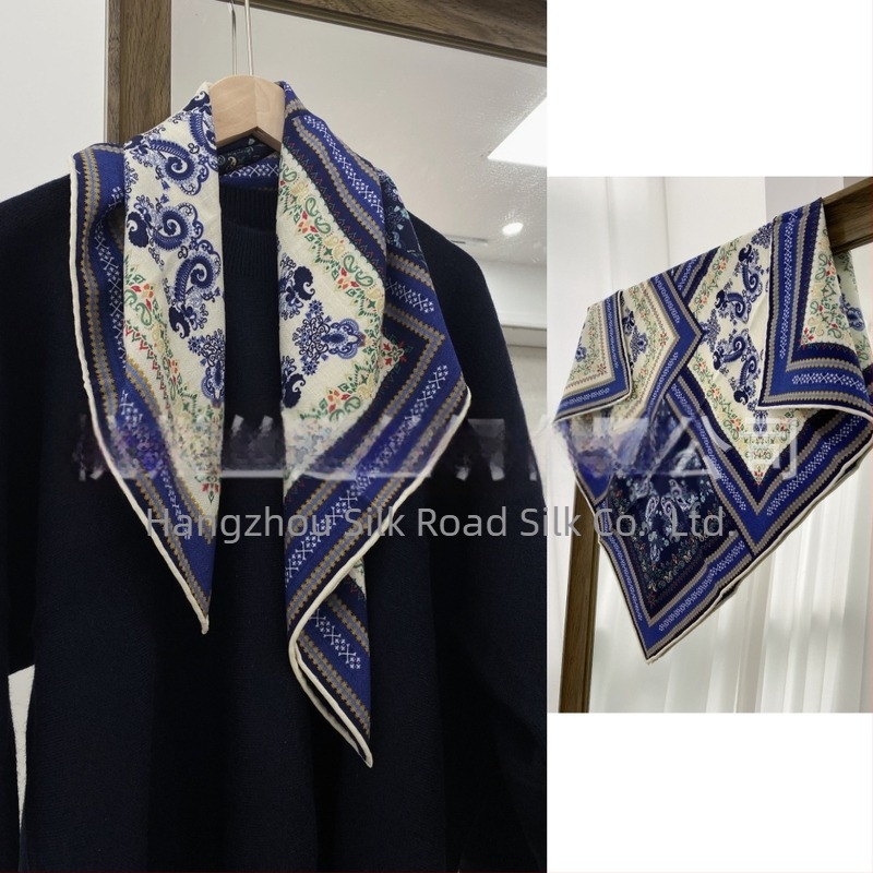 Elegantan jacquard šal kvadratnog oblika od svile i vune, dvostrani otisak, ženski karirani uzorak.