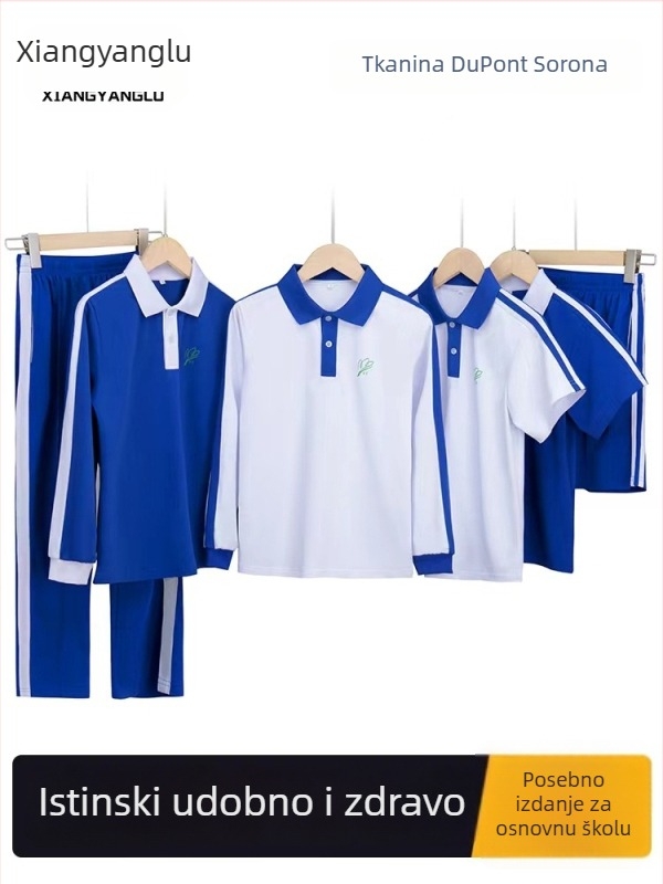 Set školske uniforme za osnovnu školu za jesen i zimu: jakna s dugim rukavima, zimski komplet, zimske hlače, ljetni komplet s kratkim rukavima i hlače – unisex, premium izdanje