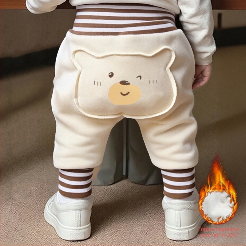 Dječje hlače s flisom, debele, visok pojas, zaštita trbuha, uzorak životinja