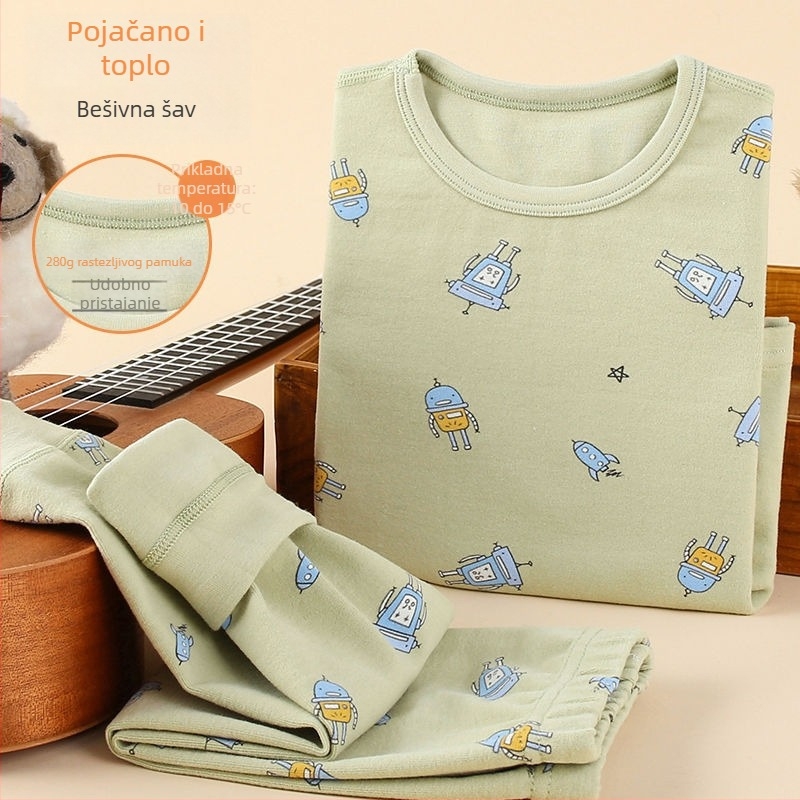 Dječji debeli jesenski komplet gornji dio i donji dio za bazni sloj termo odjeće, za dječake – laneni materijal, glavni materijal: zajčje krzno