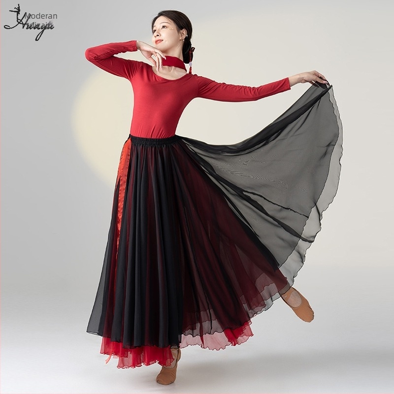 Kostim za ples za klasični kineski etnički ples, set dugih lepršavih haljina, Modal + Tencel Wrinkle tkanina, 30% pamuk