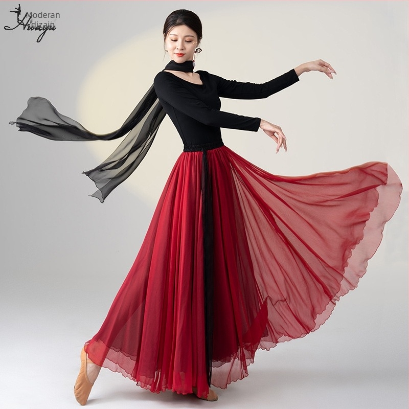 Kostim za ples za klasični kineski etnički ples, set dugih lepršavih haljina, Modal + Tencel Wrinkle tkanina, 30% pamuk