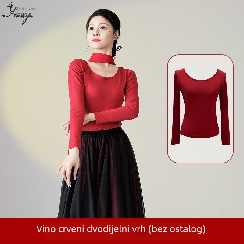 Kostim za ples za klasični kineski etnički ples, set dugih lepršavih haljina, Modal + Tencel Wrinkle tkanina, 30% pamuk