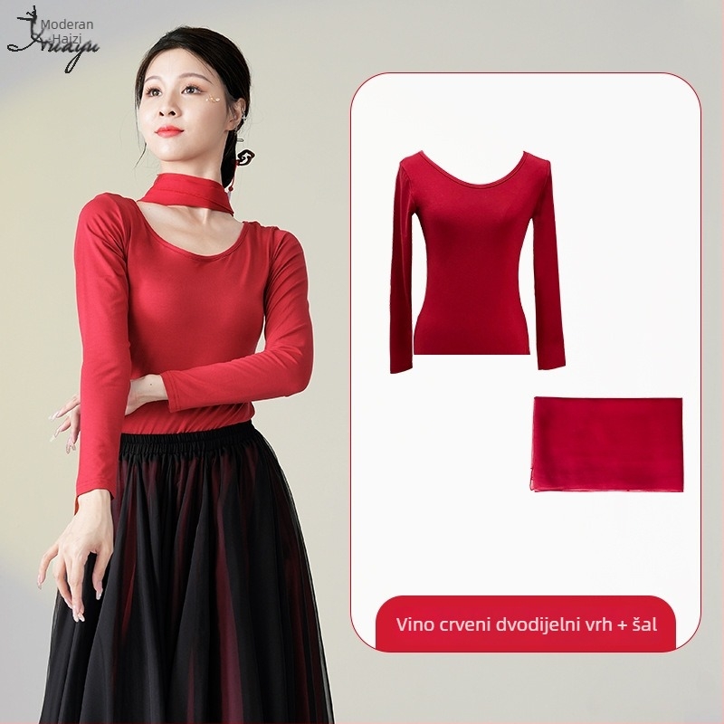 Kostim za ples za klasični kineski etnički ples, set dugih lepršavih haljina, Modal + Tencel Wrinkle tkanina, 30% pamuk