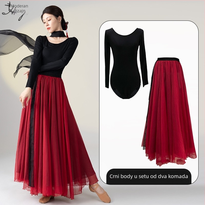 Kostim za ples za klasični kineski etnički ples, set dugih lepršavih haljina, Modal + Tencel Wrinkle tkanina, 30% pamuk