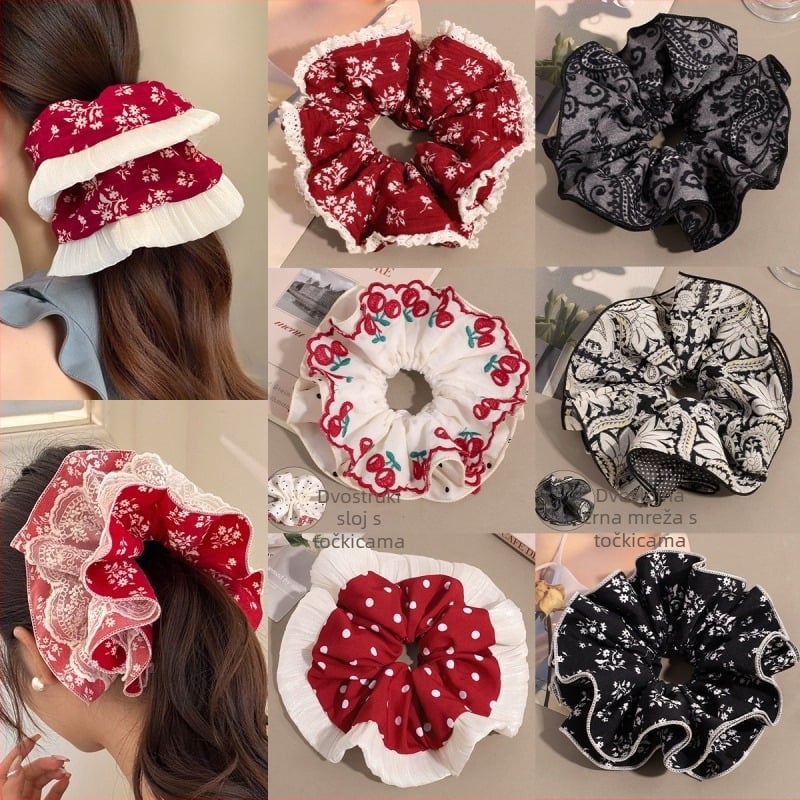 Dodatak za kosu - korejski stil, cvjetni čipkasti scrunchie za čvor, materijal: tkanina, ručna izrada, Charfoo 25080102