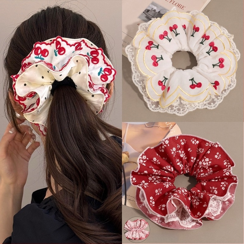 Dodatak za kosu - korejski stil, cvjetni čipkasti scrunchie za čvor, materijal: tkanina, ručna izrada, Charfoo 25080102