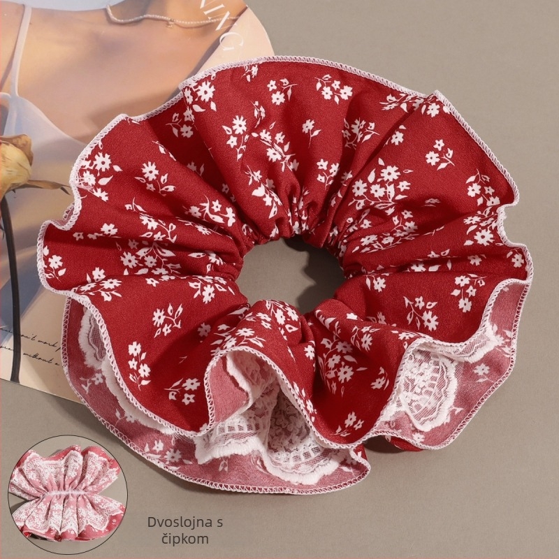 Dodatak za kosu - korejski stil, cvjetni čipkasti scrunchie za čvor, materijal: tkanina, ručna izrada, Charfoo 25080102