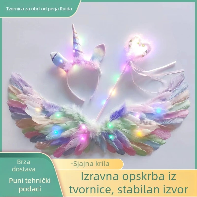 Svetleća krila od perja – rekvizit za fotografije uz čelenku s jednorogom za djevojčice, anđeo/elf stil, veličina 60×35 cm