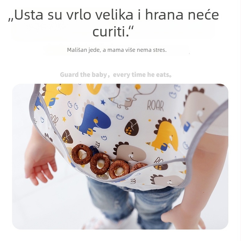 Podbradak za hranu bebama i djeci, vodootporan tarpaulin materijal, print crtani likovi, pogodan za uzrast 0–3 godina