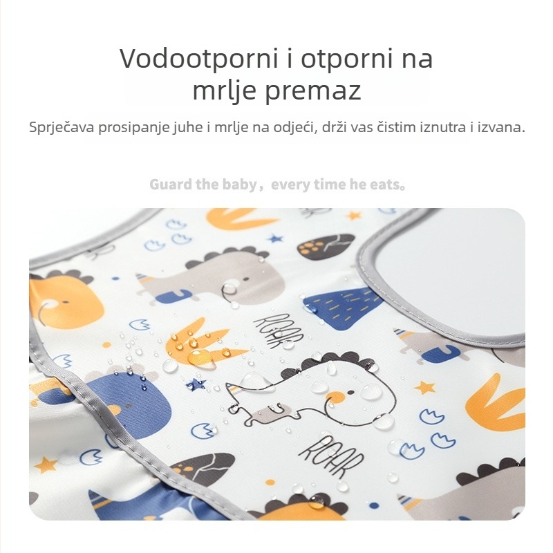 Podbradak za hranu bebama i djeci, vodootporan tarpaulin materijal, print crtani likovi, pogodan za uzrast 0–3 godina