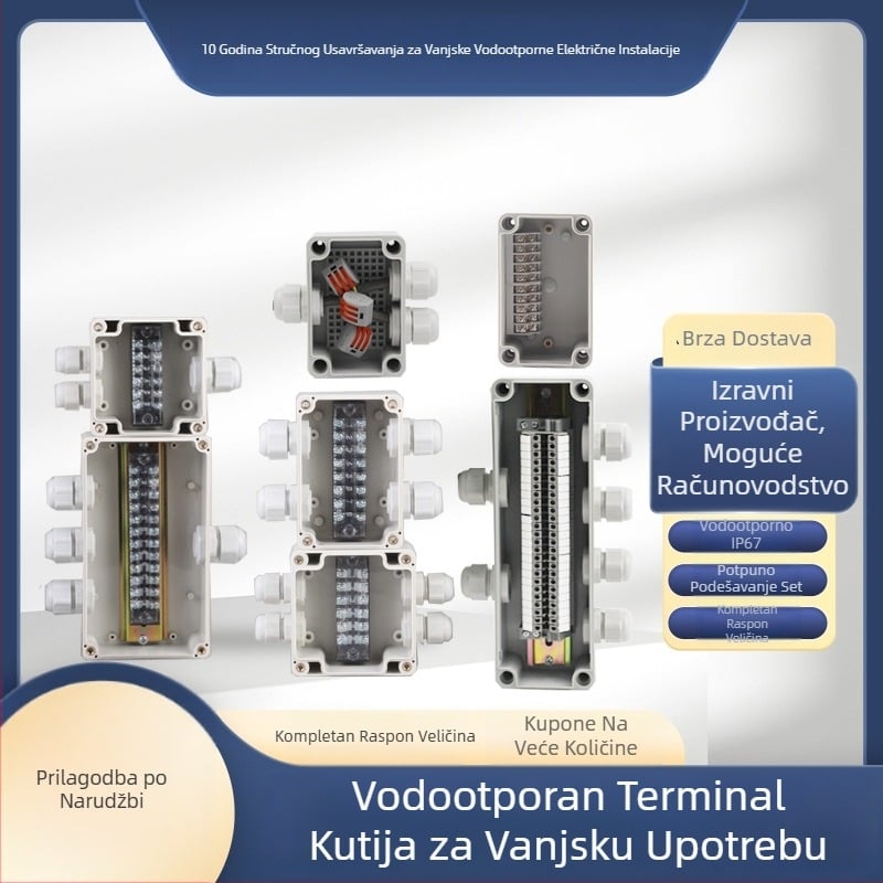 Plastična vanjska vodootporna kutija za razdvajanje s terminalom, za provlačenje kablova, s montažnim ušima, ABS