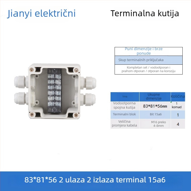 Plastična vanjska vodootporna kutija za razdvajanje s terminalom, za provlačenje kablova, s montažnim ušima, ABS