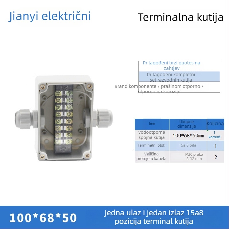 Plastična vanjska vodootporna kutija za razdvajanje s terminalom, za provlačenje kablova, s montažnim ušima, ABS