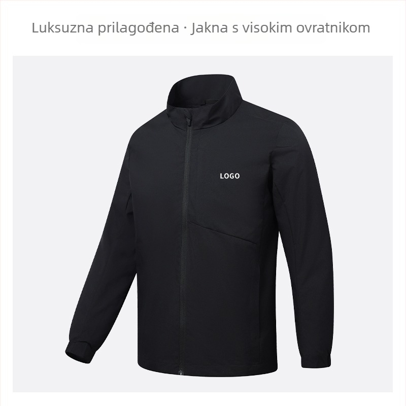 Jakna sa stojećim ovratnikom, prilagođeni logotip i vezen logotipa, 100% poliester, prozračna i vodootporna, srednje duljine, džepovi na zip, muška jesenska vanjska odjeća