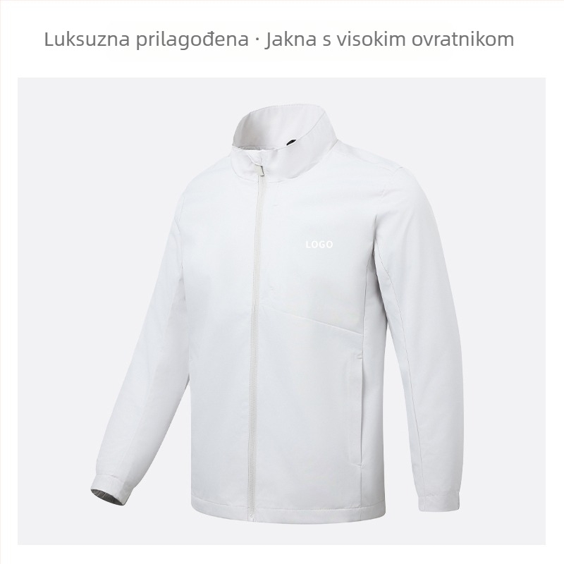 Jakna sa stojećim ovratnikom, prilagođeni logotip i vezen logotipa, 100% poliester, prozračna i vodootporna, srednje duljine, džepovi na zip, muška jesenska vanjska odjeća