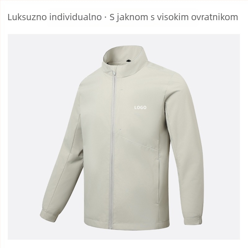 Jakna sa stojećim ovratnikom, prilagođeni logotip i vezen logotipa, 100% poliester, prozračna i vodootporna, srednje duljine, džepovi na zip, muška jesenska vanjska odjeća