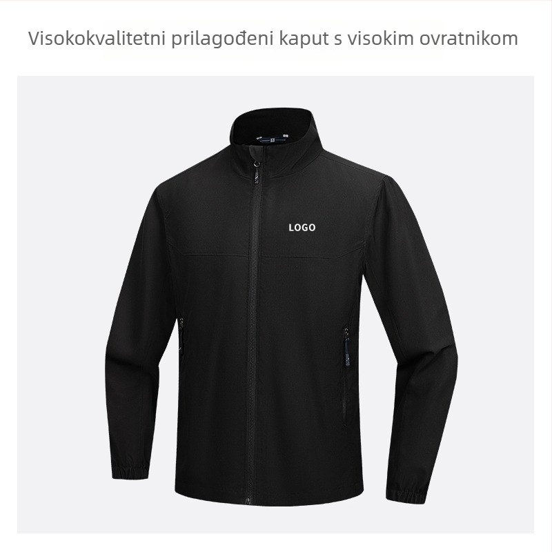 Jakna sa stojećim ovratnikom, prilagođeni logotip i vezen logotipa, 100% poliester, prozračna i vodootporna, srednje duljine, džepovi na zip, muška jesenska vanjska odjeća