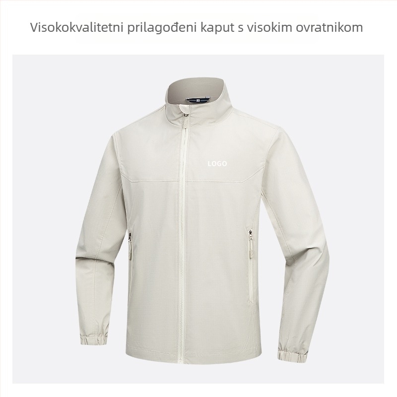 Jakna sa stojećim ovratnikom, prilagođeni logotip i vezen logotipa, 100% poliester, prozračna i vodootporna, srednje duljine, džepovi na zip, muška jesenska vanjska odjeća