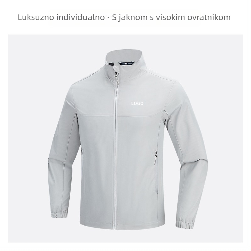 Jakna sa stojećim ovratnikom, prilagođeni logotip i vezen logotipa, 100% poliester, prozračna i vodootporna, srednje duljine, džepovi na zip, muška jesenska vanjska odjeća