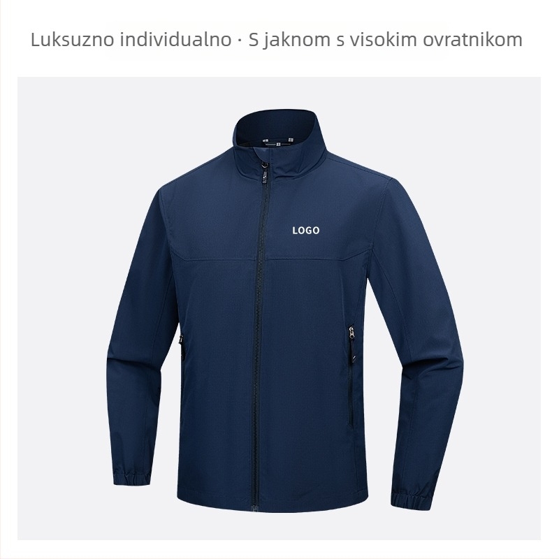 Jakna sa stojećim ovratnikom, prilagođeni logotip i vezen logotipa, 100% poliester, prozračna i vodootporna, srednje duljine, džepovi na zip, muška jesenska vanjska odjeća