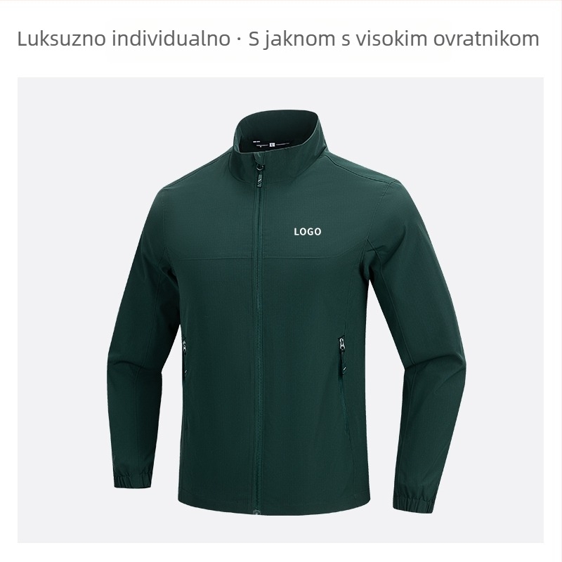 Jakna sa stojećim ovratnikom, prilagođeni logotip i vezen logotipa, 100% poliester, prozračna i vodootporna, srednje duljine, džepovi na zip, muška jesenska vanjska odjeća