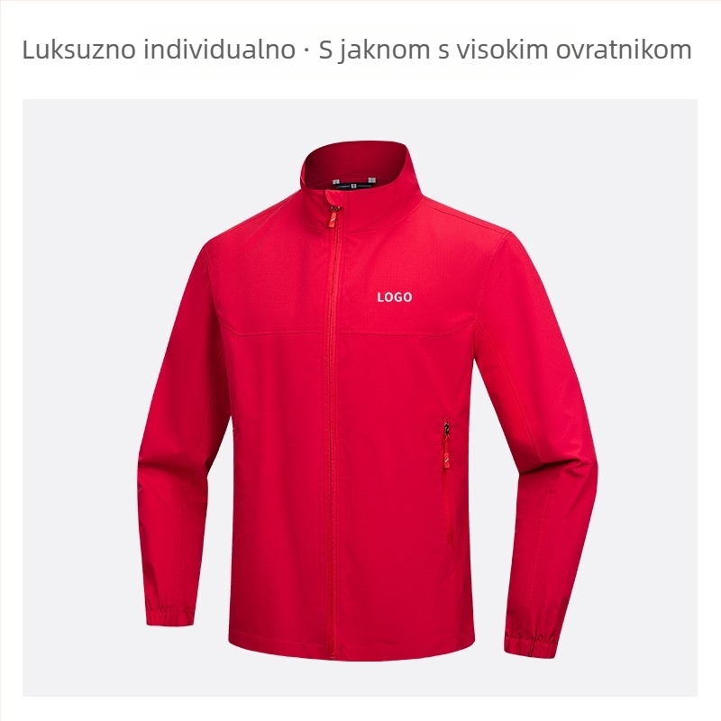 Jakna sa stojećim ovratnikom, prilagođeni logotip i vezen logotipa, 100% poliester, prozračna i vodootporna, srednje duljine, džepovi na zip, muška jesenska vanjska odjeća
