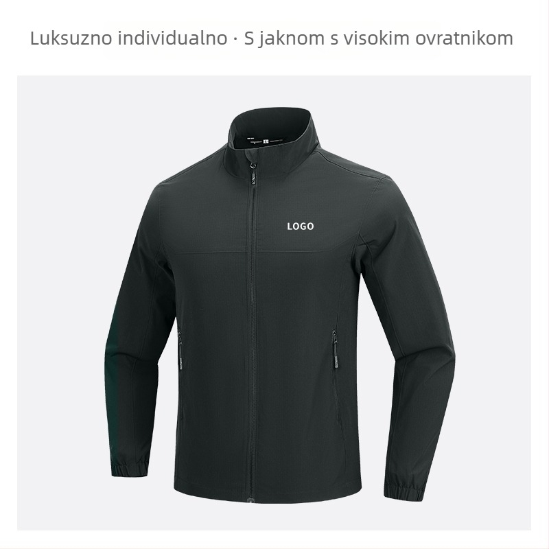 Jakna sa stojećim ovratnikom, prilagođeni logotip i vezen logotipa, 100% poliester, prozračna i vodootporna, srednje duljine, džepovi na zip, muška jesenska vanjska odjeća