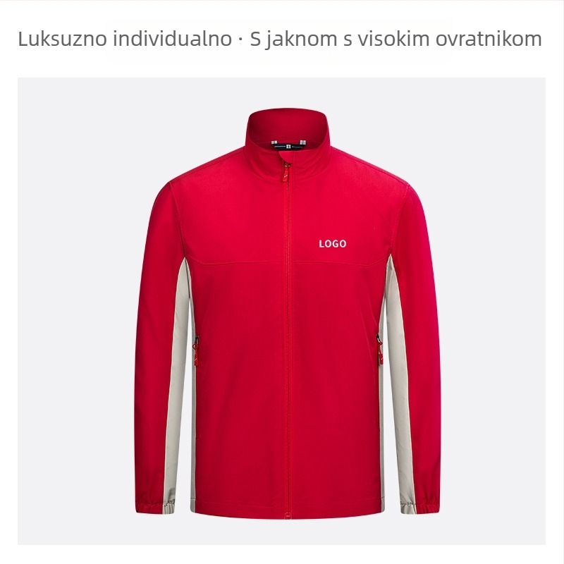 Jakna sa stojećim ovratnikom, prilagođeni logotip i vezen logotipa, 100% poliester, prozračna i vodootporna, srednje duljine, džepovi na zip, muška jesenska vanjska odjeća