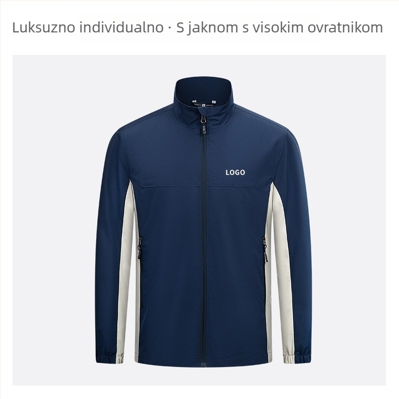 Jakna sa stojećim ovratnikom, prilagođeni logotip i vezen logotipa, 100% poliester, prozračna i vodootporna, srednje duljine, džepovi na zip, muška jesenska vanjska odjeća