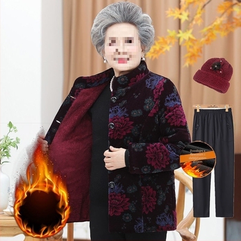 Zimska podstavljena jakna za starije žene; dugi rukavi; materijal: ovčja vuna; glavni materijal: PVC