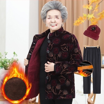 Zimska podstavljena jakna za starije žene; dugi rukavi; materijal: ovčja vuna; glavni materijal: PVC