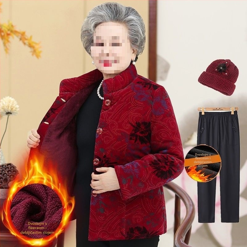 Zimska podstavljena jakna za starije žene; dugi rukavi; materijal: ovčja vuna; glavni materijal: PVC