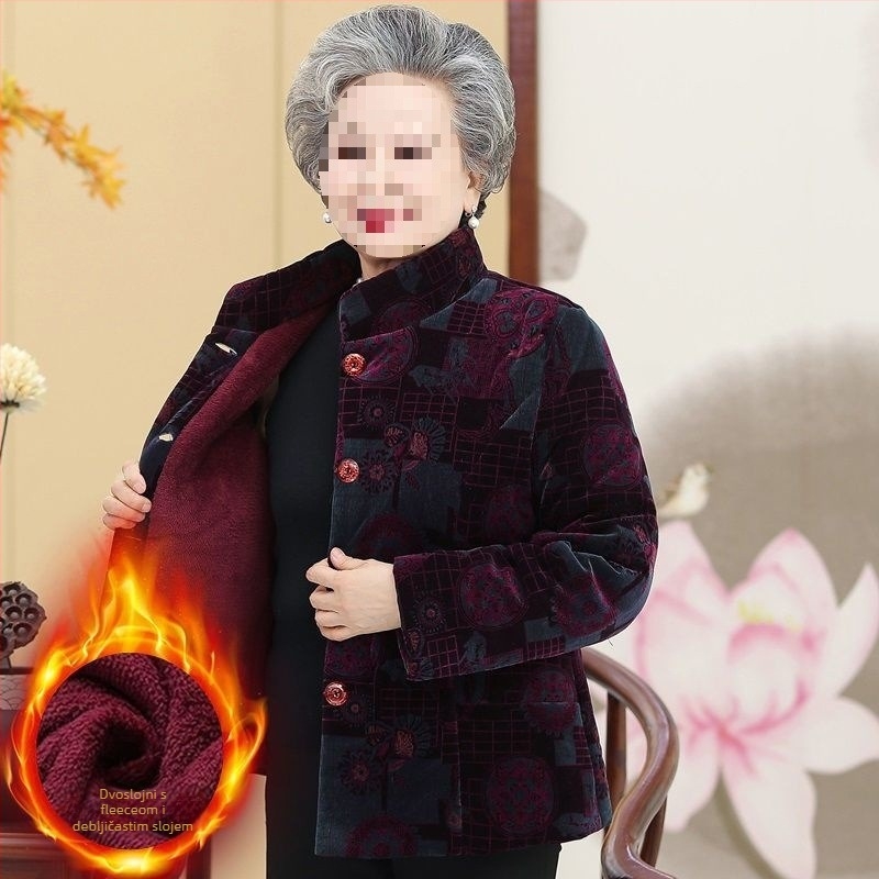 Zimska podstavljena jakna za starije žene; dugi rukavi; materijal: ovčja vuna; glavni materijal: PVC